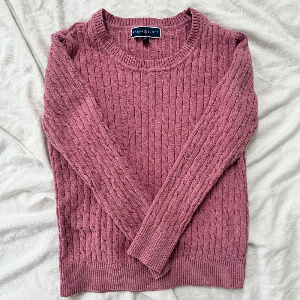 Karen Scott Dusty Rose Cable Knit Crewneck Sweater - Picture 2 of 6